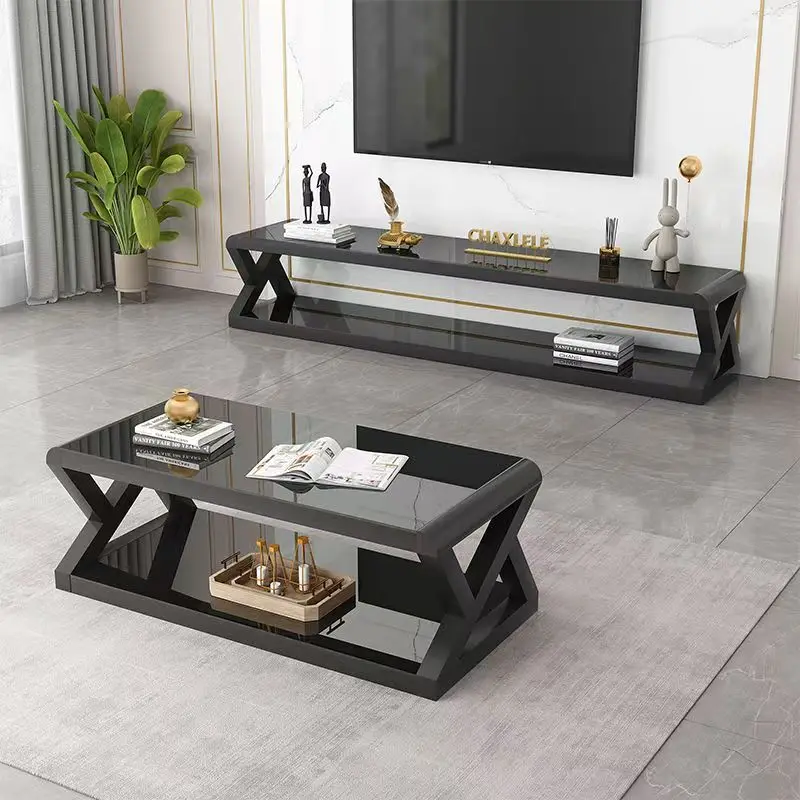 

-For Living Room TV Cabinet with Tempered Glass Minimalist Modern Living Room Cabinet TV Stand Set with Ironwork Coffee Table^