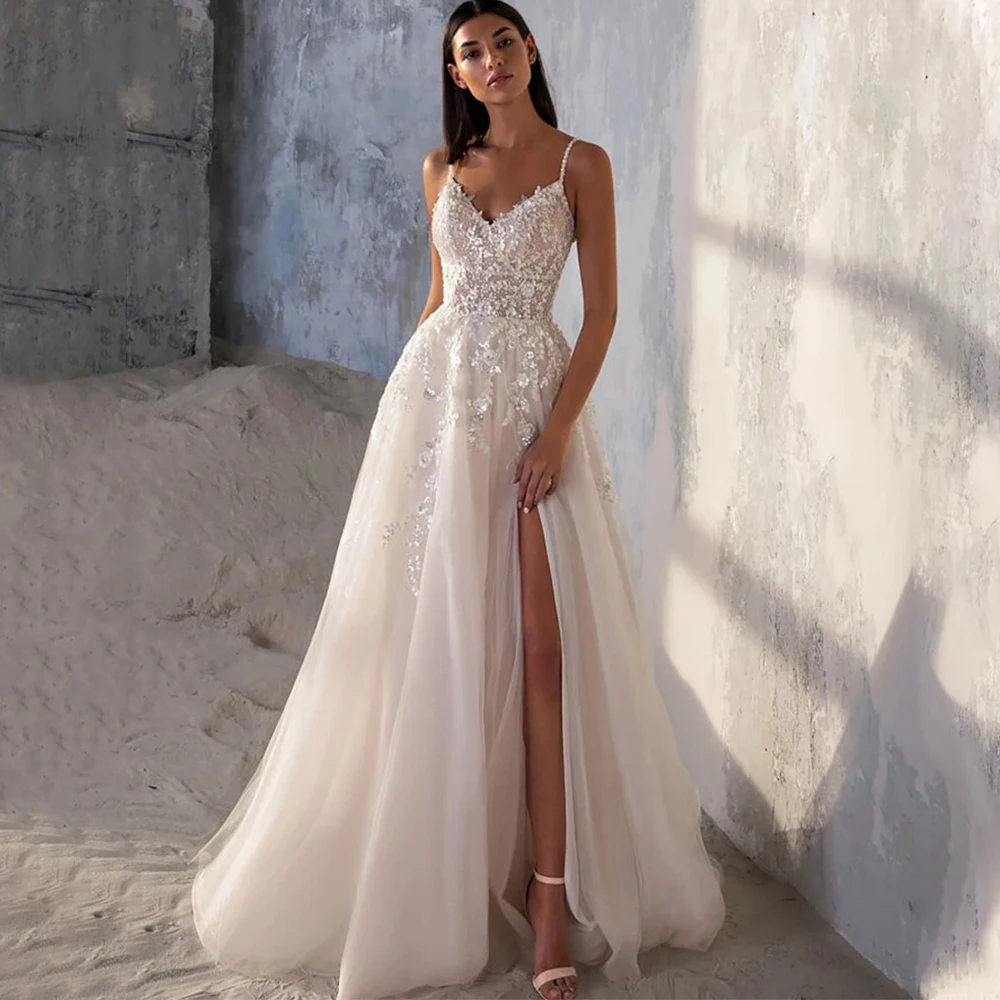 

Modern Applique A-Line Tulle Wedding Dress Spaghetti Straps V-Neck Sexy Side Slit Floor Length Open Back Sweep Train Gowns