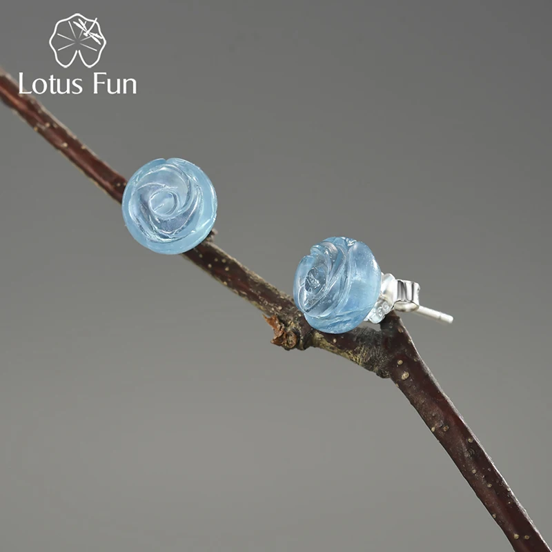 

Lotus Fun Romantic Natural Aquamarine Ocean Blue Rose Flower Stud Earrings for Women Real 925 Sterling Silver Fine Jewelry