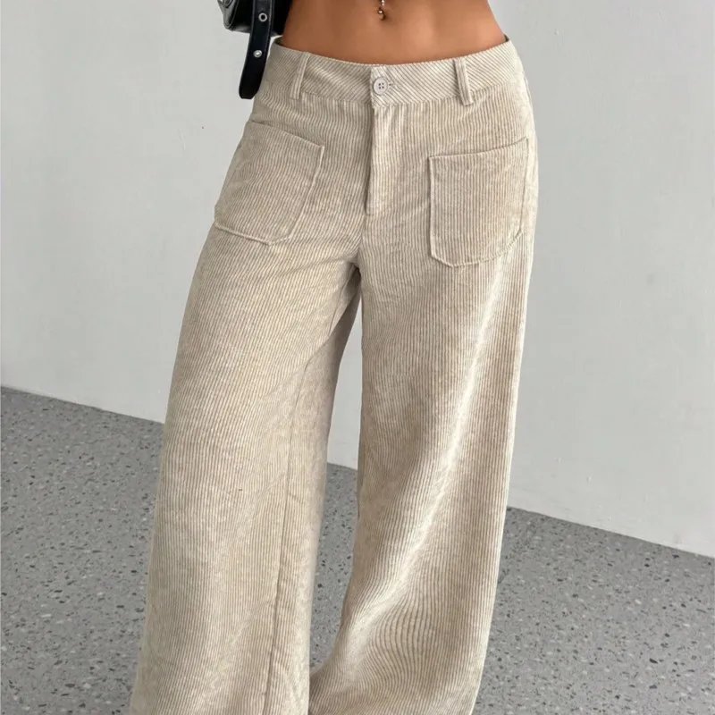 2025 خريف شتاء جديد عصري متعدد الاستخدامات بنطلون نسائي عادية بلون فضفاض جيب الطابق التطهير بنطال ذو قصة أرجل واسعة #6