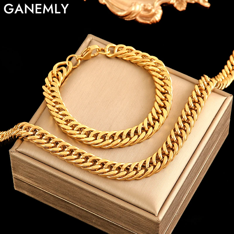 GANEMLY 316L Stainless Steel Thick Chain Necklace Bracelet Set For Women Fashion Punk Gold-Plated Waterproof Jewelry Lady Gift