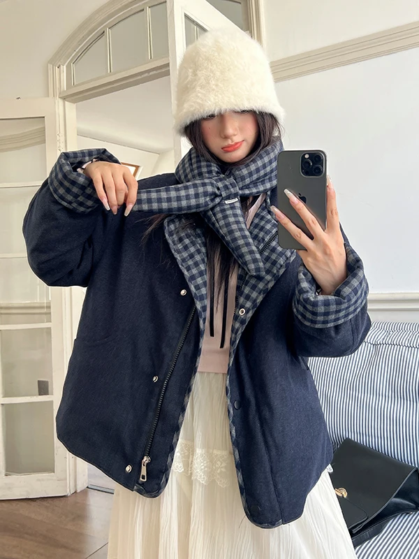 Coréen Sle couleur Blo Plaid Jaet femmes hiver nouveau Faion décontracté col montant vêtements de travail coton ort vêtements d'extérieur