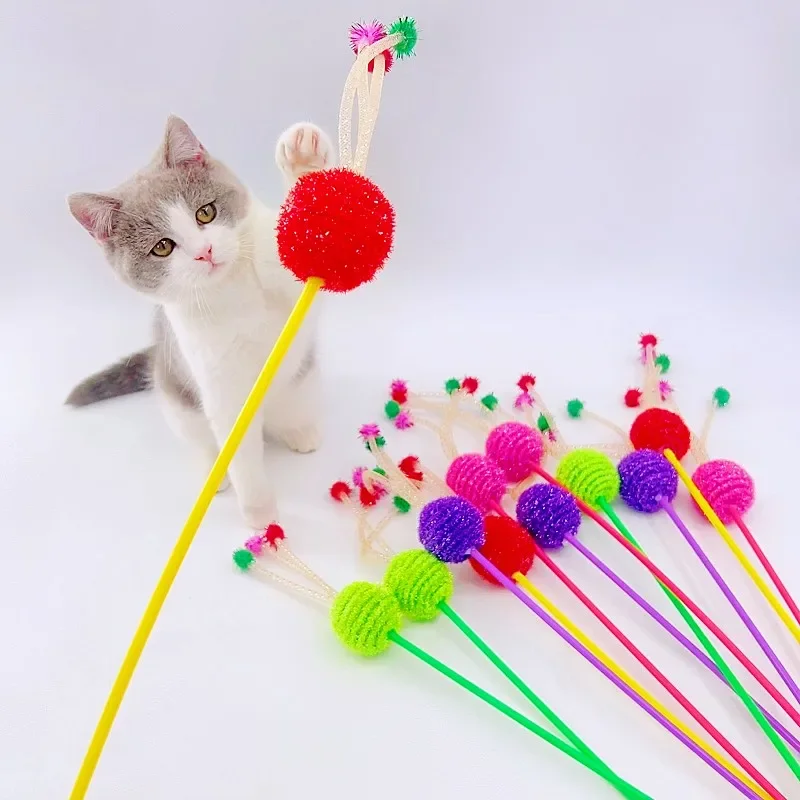 Cat Toy Elastic Ball Cats Stick Teaser Cat Toys Interactive Long Handle Tube Toys for Cats Teasing Kitten Wool Ball Pet Teaser