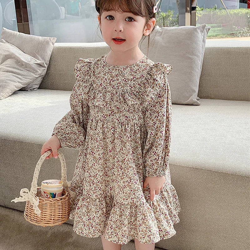 Girls Floral Princess Dress Spring Autumn New Pleated British Style Children\'S Clothing Pastoral Style Girls Fashion Kids Outfit