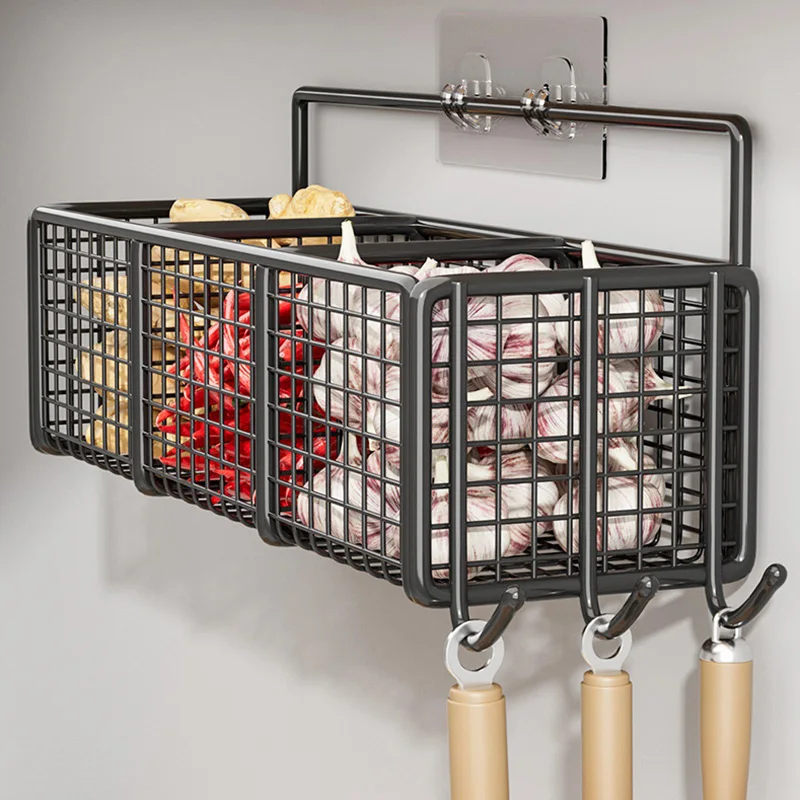 Kitchen Ginger Garlic Separation Storage Basket Free Punch Hanging Rack Carbon steel Seasoning Rack Storage Basket With Hook