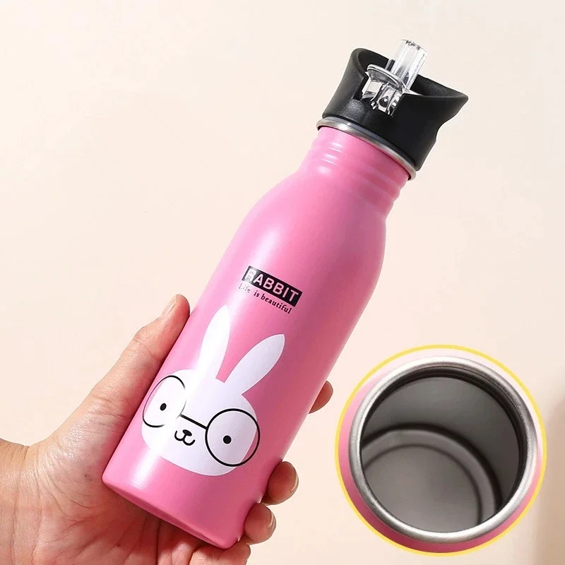 500ML Children Portable Stainless Steel Straw Bottles Sports Water Bottle for Kids Outdoor Cycling Camping Bicycle Bike Kettle