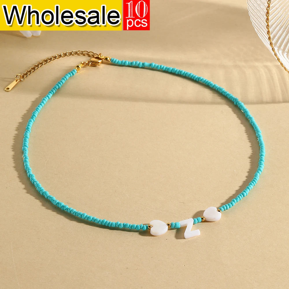 10PCS Minimalist bosnian style 26 names love shell letters cyan beaded necklace alpahbet fashion birthday couple gifts wholesale