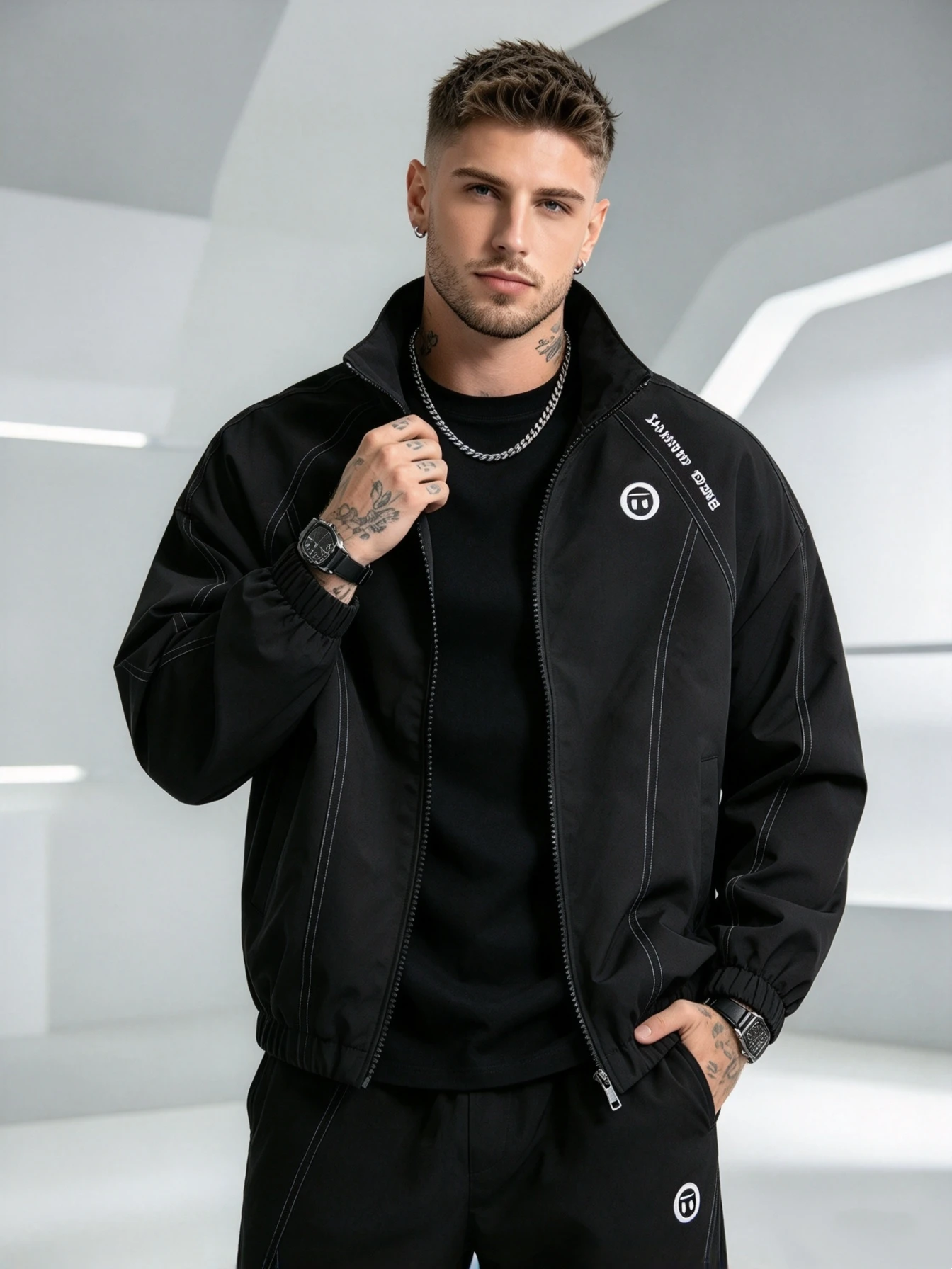 Men Contrast Stitching Windbreaker Graphic Print Stand Collar Zip Up Loose Street Jacket