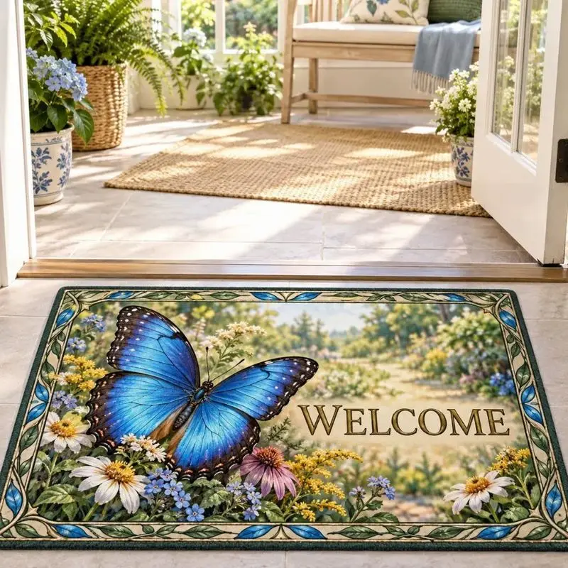 VIKAMA Natural Fiber Salutations Lemon Fruit Blossom Foliage Welcome Mat Summer Grip Backed Entryway Carpet Botanical Decor Soft