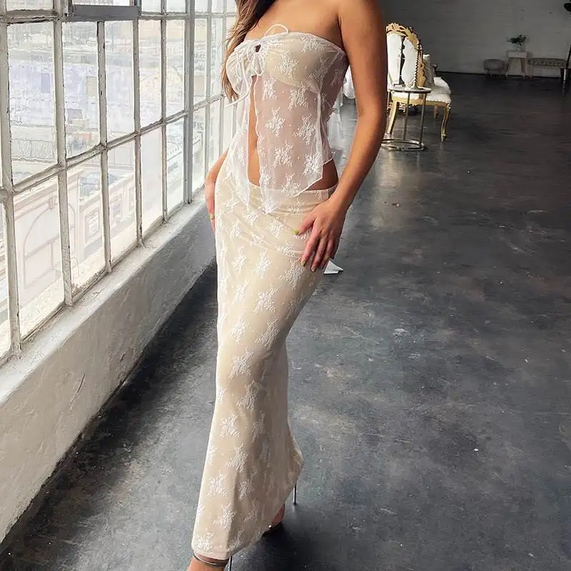 

Классический кружевной женский летний наряд, комплект из двух предметов, праздничный белый длинный платье, сексуальная длинная юбка с высокой талией, чистый цвет без све