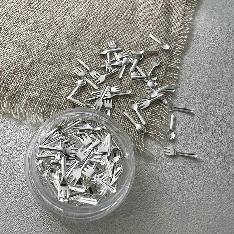 50pcs Mixed Mini Gold Sliver Fork&Spoon Nail Charms 3D Alloy Funny Tableware Korean Nail Accessories DIY Cute Dining Knife Decor