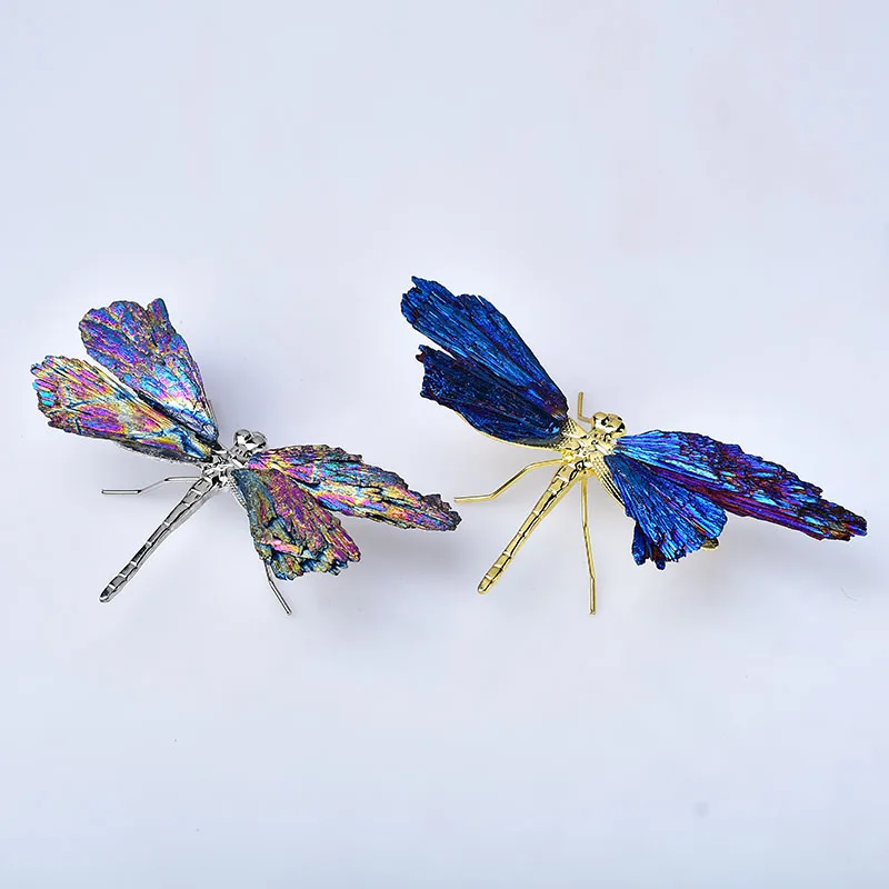 Natural Stone Dragonfly Black Tourmaline Aura Blue Flame Feather Crystal Stone DIY Dragonfly Animal Crafts Small Decor Souvenir