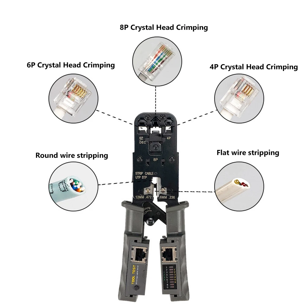 TEROW 2 in 1 RJ45 Network LAN Cable Crimper Pliers Cutting Tool Cable Tester Cable Pliers 8P/6P/4P Wire Crimping Cutter Tester