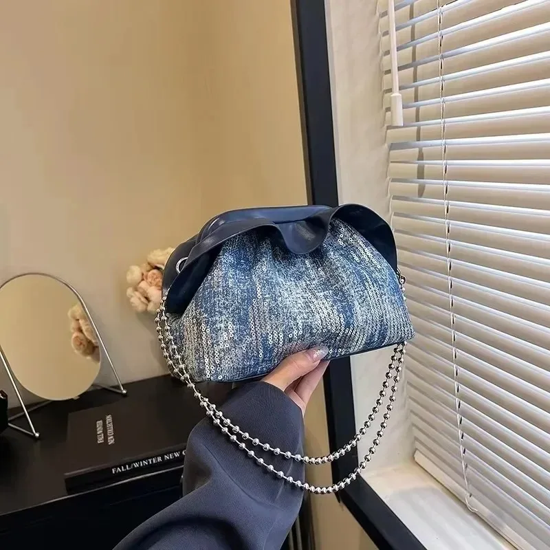 

Clamp Mouth Sequins Beading Solid Thread Sewing Thread Denim Shoulder Bags 2025 Hot Sale Pleated Skirt Bag for Women Bolso Muje