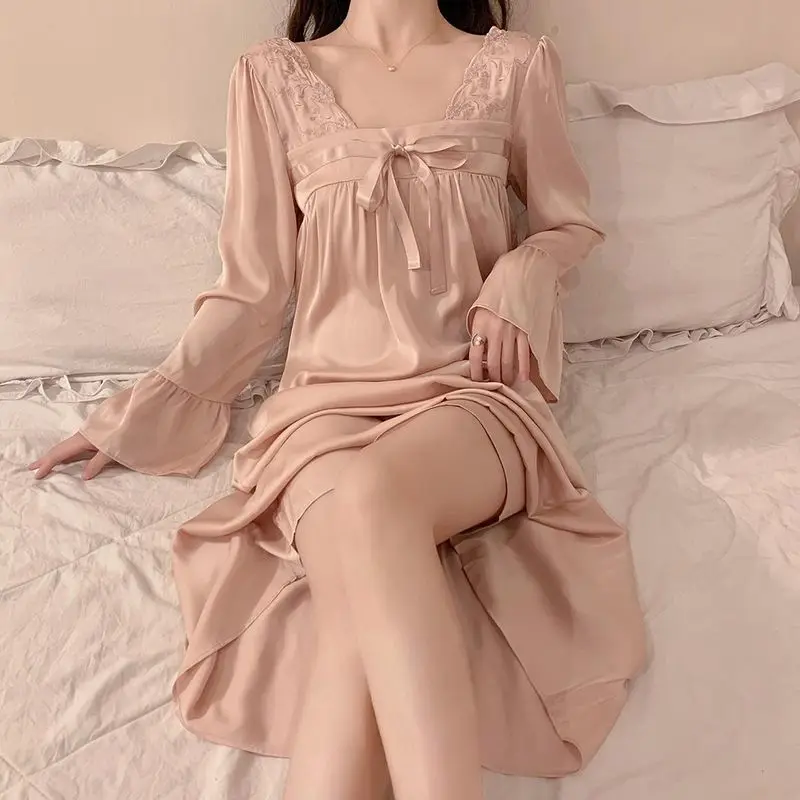 Nightgowns Women Sweet Square Collar Sexy Nightdress Spring Autumn Vintage Classy Female Long Sleeve Sleepwear Lovely Homewear