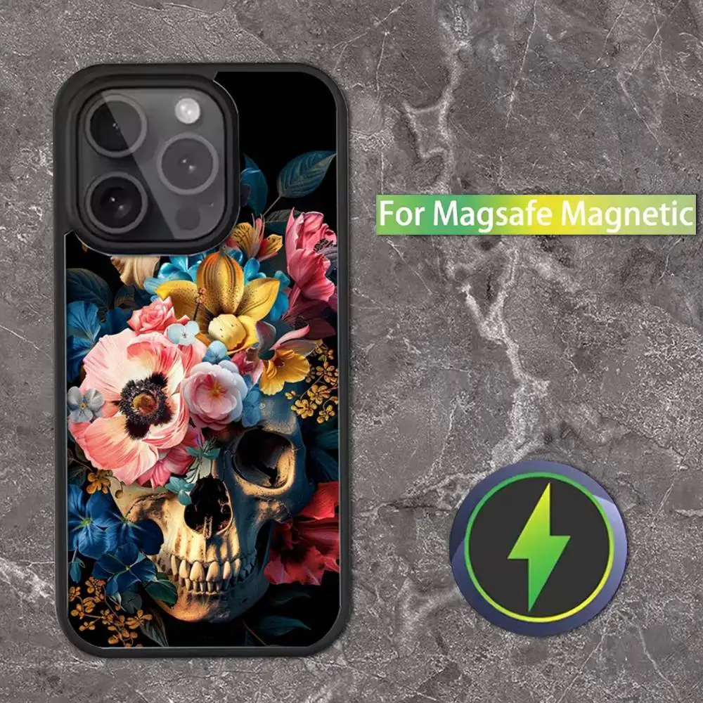 Casing Ponsel Kartun Tengkorak Bunga Untuk iPhone 17,16,15,14,13,12,11,Pro,Max,Plus,Mini,SE Magsafe Pengisian Daya Nirkabel Magnetik