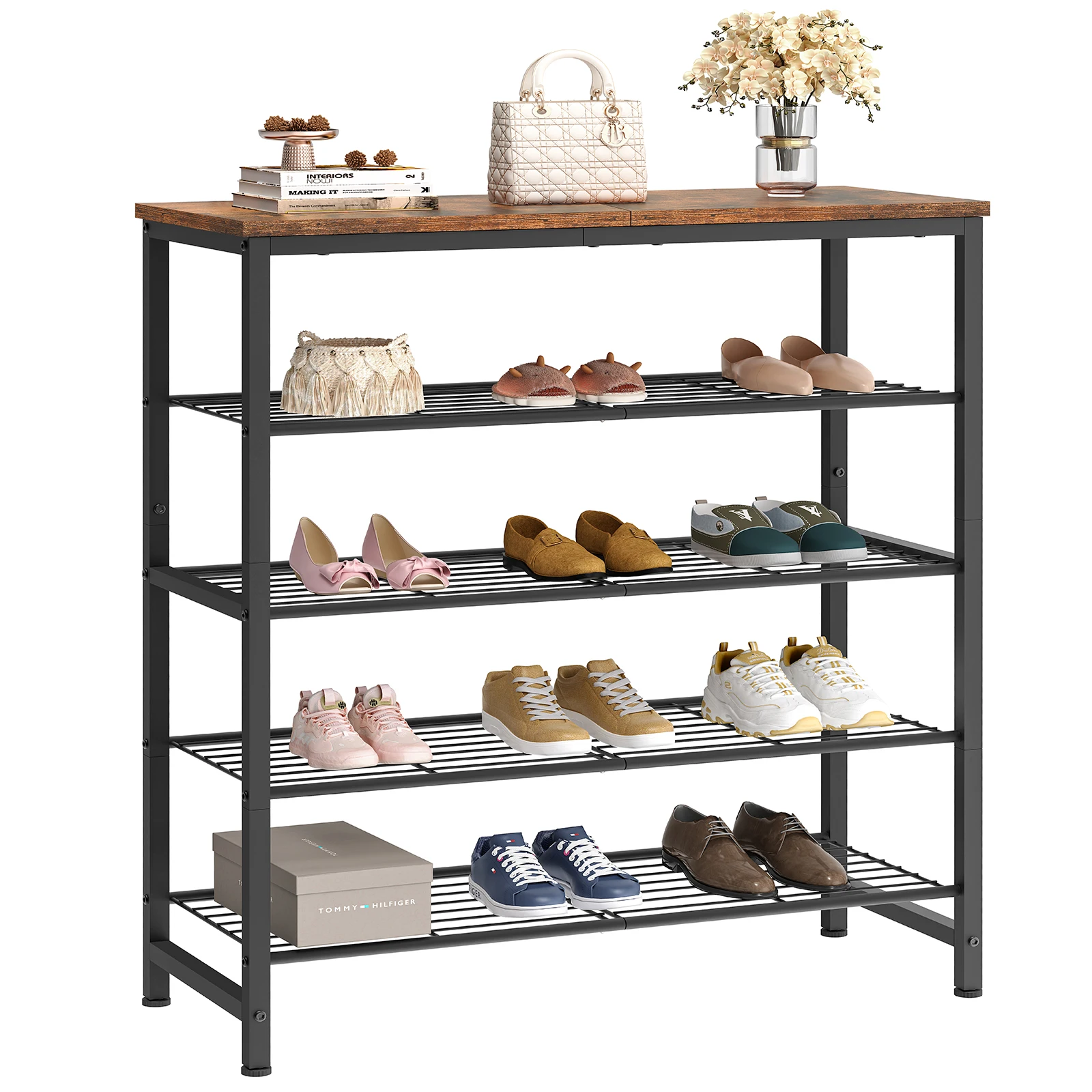 

4-Layer Modern Metal Shoe Cabinet Living Room Furniture with Storage Bench Panel Wood Style