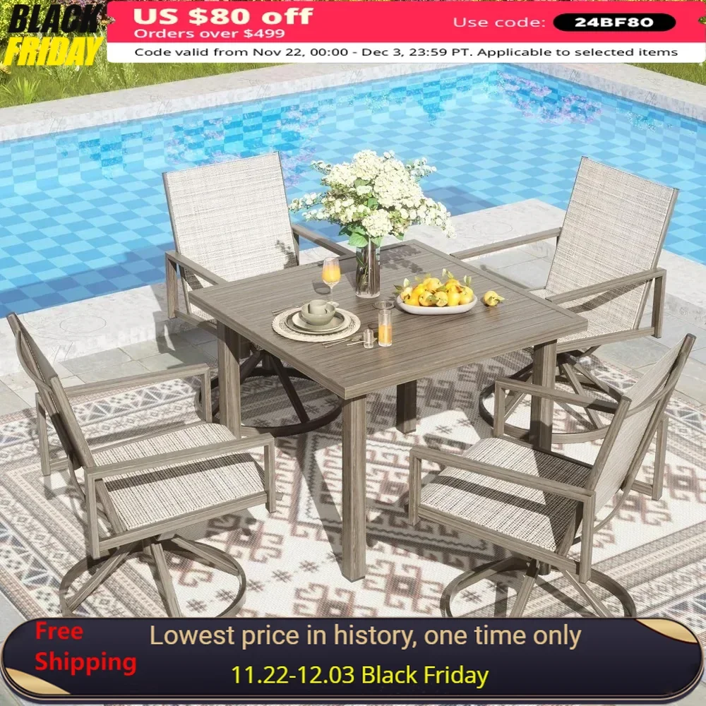 Patio Swivel Dining Set, 4-Piece Mesh Sling High Back Chairs,1-Piece Square Woodgrain Steel Dining Table ,Garden Furniture Sets