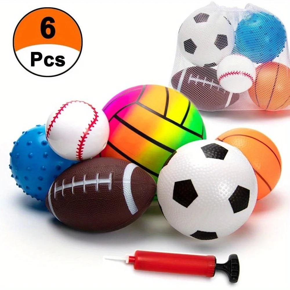 

6 PCS Ball Set, Sports Balls Soft - Soccer Ball Playground Balls Basketball Volleyball Baseball Rugby - Inflatable with Pump