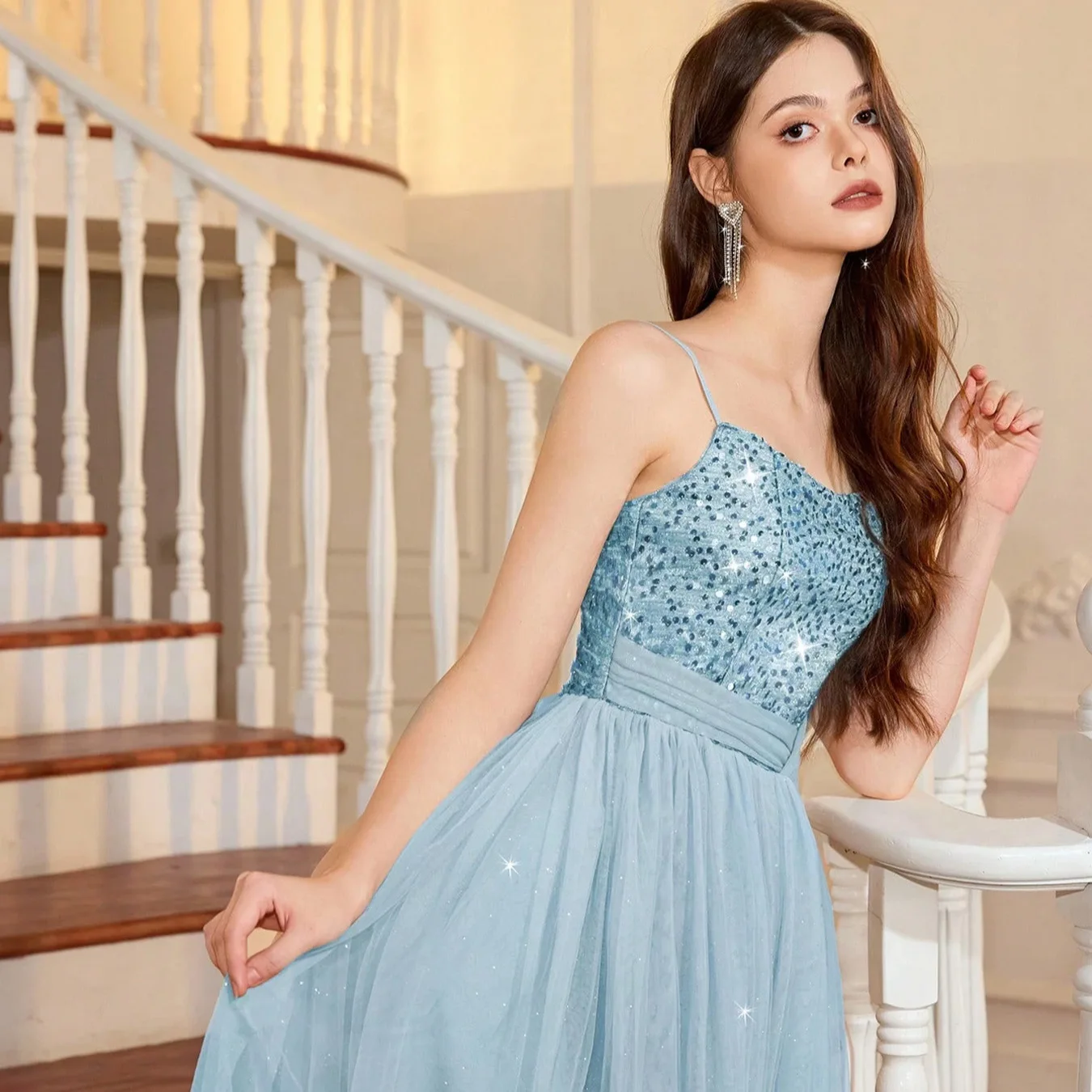 Sexy Slit Party Sequin Evening Gown Sheer Women's Suspender Dress Bridesmaid Dress