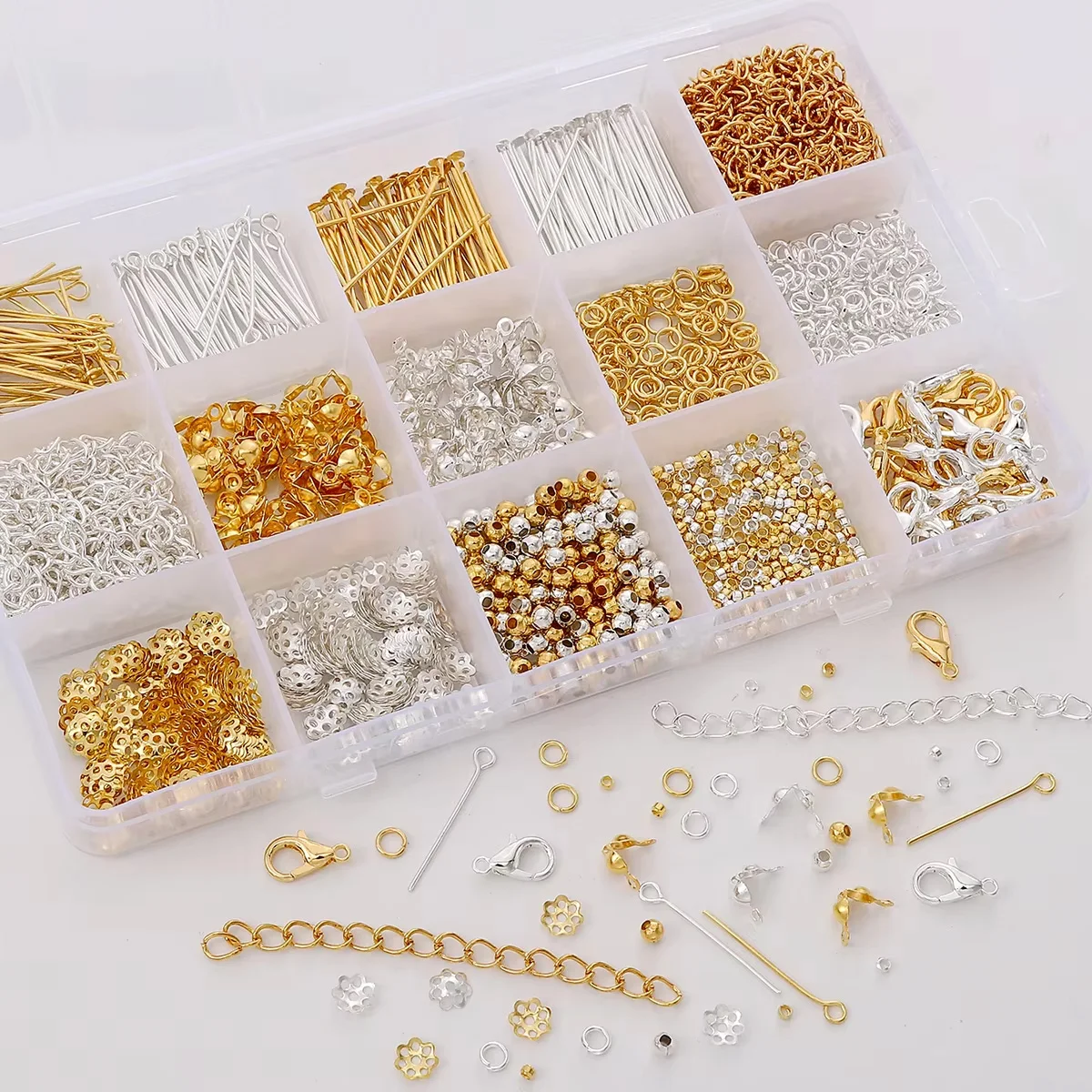 

1260pcs 15-Grids DIY Jewelry Findings Kit Lobster Clasp Jump Rings Crimp Ends Spacer Beads Flower Caps Extension Chains Pins Set