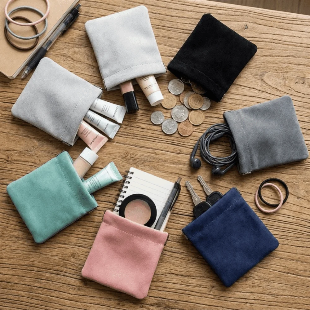 Portable Automatic Spring Open Small Storage Pouch Self-Closing Suede Cable Organizer Self Sealing Pouch Travel Storage