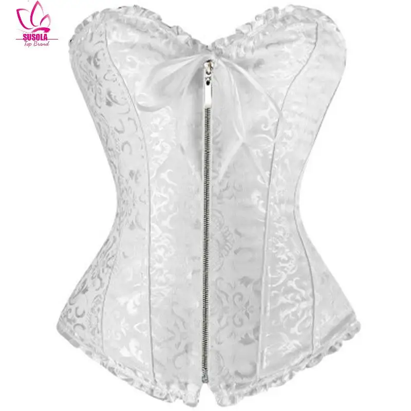 Lady New Women Front Overbust Zip Corset Jacquard Floral Lace Up Boned Shaperwear Trend Steampunk Bustiers Gothic Clubwear