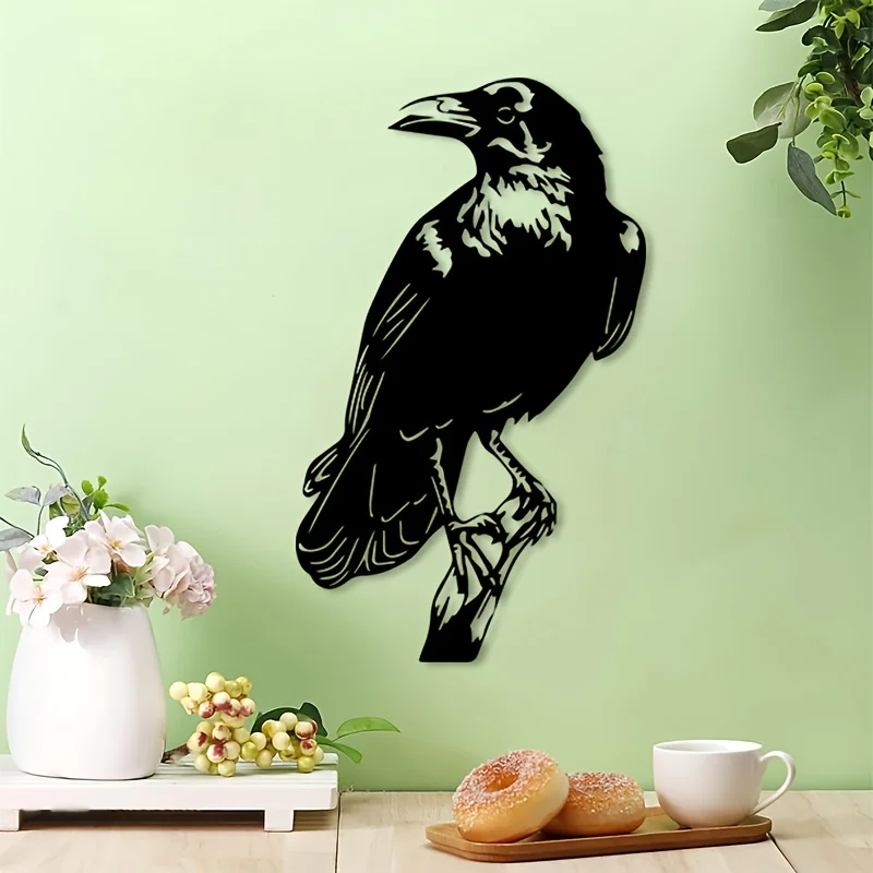 Raven Perched Metal Wall Art Iron Gothic Silhouette Sculpture Garden Home Hanging Mural Minimalist Black Bird Decor Gift