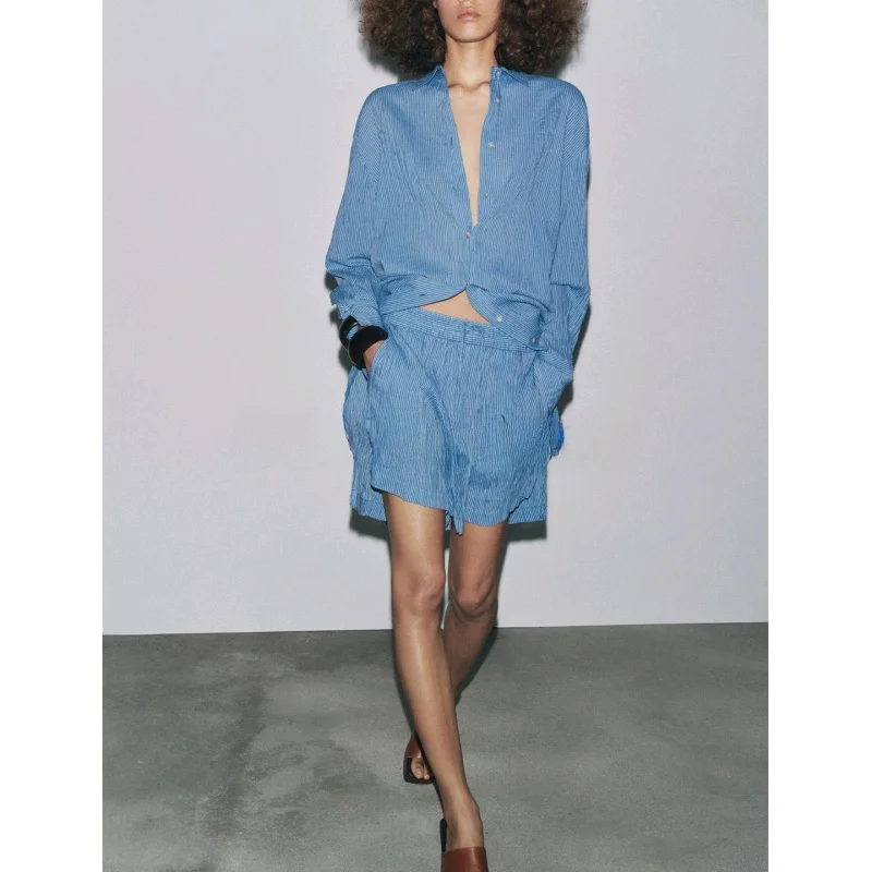 Casual Cotton Blend Striped Long Sve irt And orts Set Button up Sle Summer Faion Women's Two-Piece Suit 2025 Season