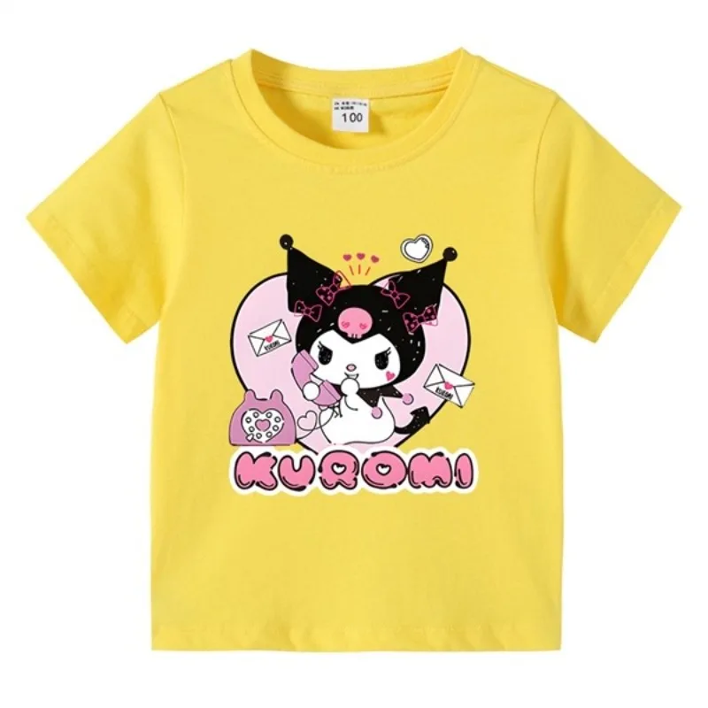 

Детская футболка из чистого хлопка с милым принтом Куроми, круглый вырез, комплект для родителей и детей, корейская версия 2026 года, с коротким рукавом
