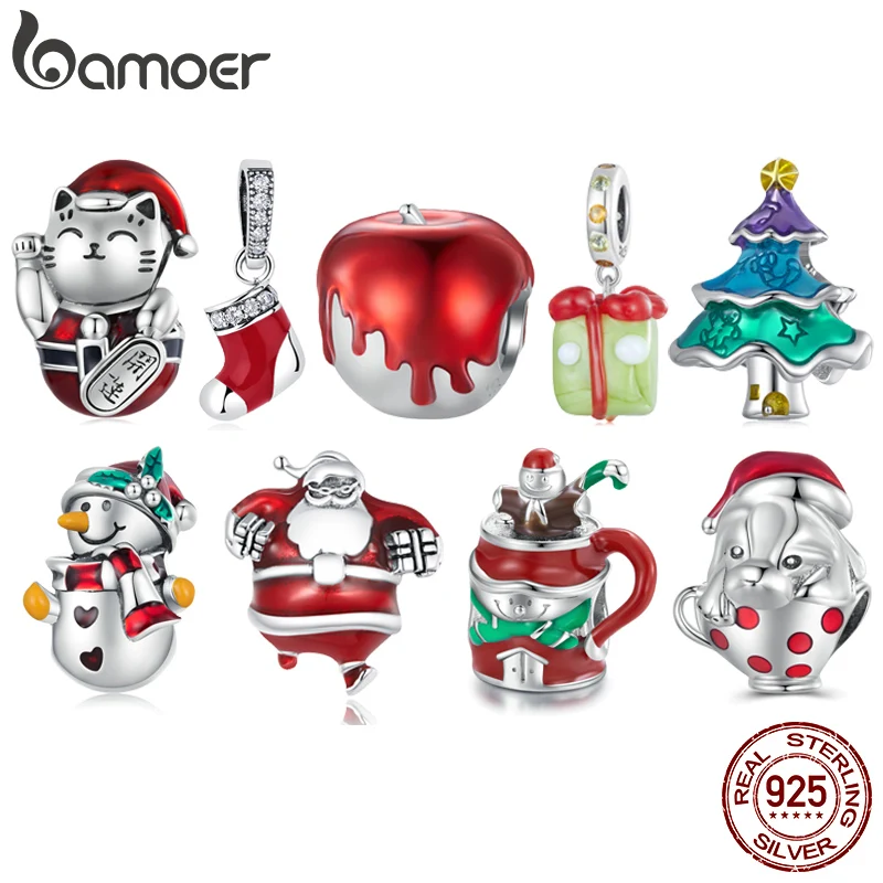 Bamoer 925 Sterling Silver Christmas Collection Santa Claus Charm Apple Beads for Women Bracelet & Bangle DIY Christmas Gift