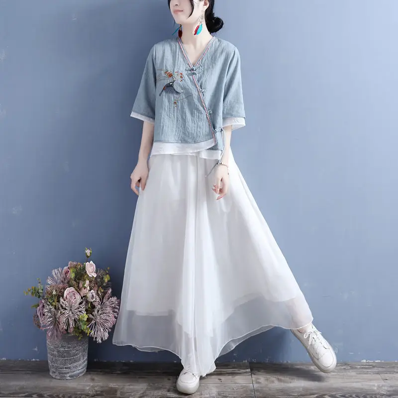 Ele V-Ne Embroidered Cotton Linen Top with Bird And Flower Motif Middle Sve Women's Retro Tea Clothing Small irt