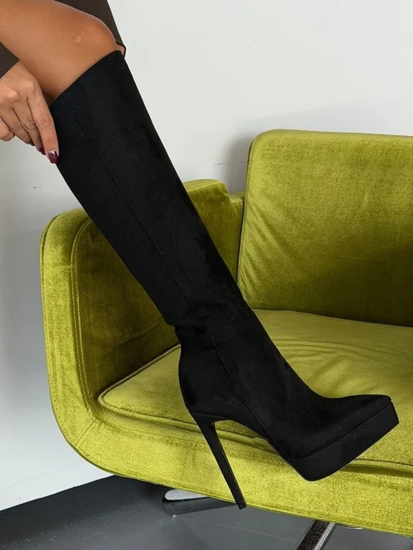 Platfrom Pointed Toe Solid Knee High Boots Sexy Pointed Toe Leather Suede Stiletto Customized New Arrivlas Fashion Women Boots
