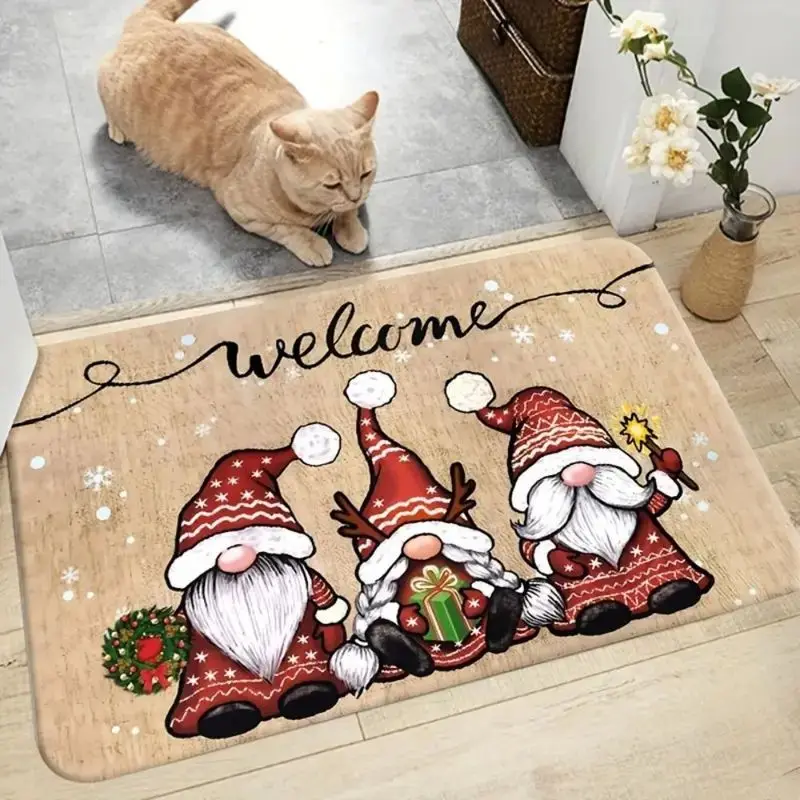 VIKAMA Christmas Doormat Three Gnomes Welcome Snowflake Wreath Wood Print Durable Rug For Entryway Hallway Living Room Decor