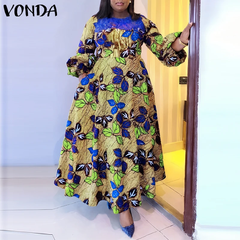 VONDA Frauen Elegante Maxi Kleider Casual Floral Bedruckte Sommerkleid Spitze Patchwork Rundhals Robe Böhmischen Party Urlaub Vestidos