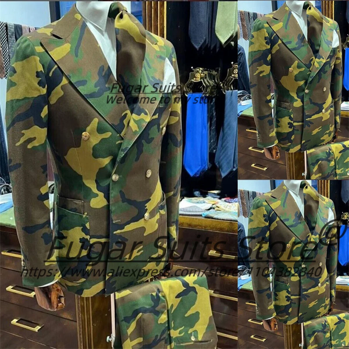 Outdoor Camouflage Men Suits Slim Fit Wide Peak Lapel Groom Prom Party Tuxedos 2 Pieces Sets Classic Male Blazers Costume Homme