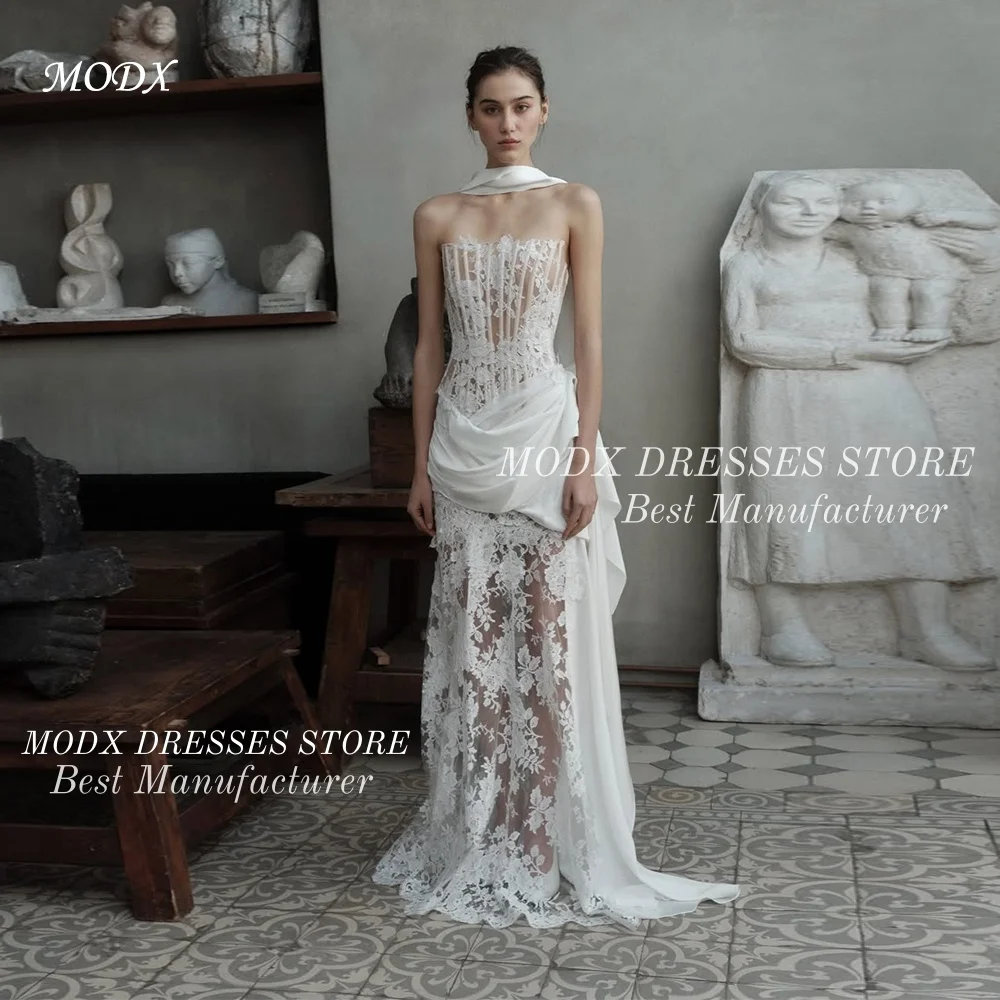 MODX Elegant Strapless Lace Corset Wedding Dress Sheer Mermaid Bridal Gown with Detachable Scarf for Bride 2026 Vestidos Novias