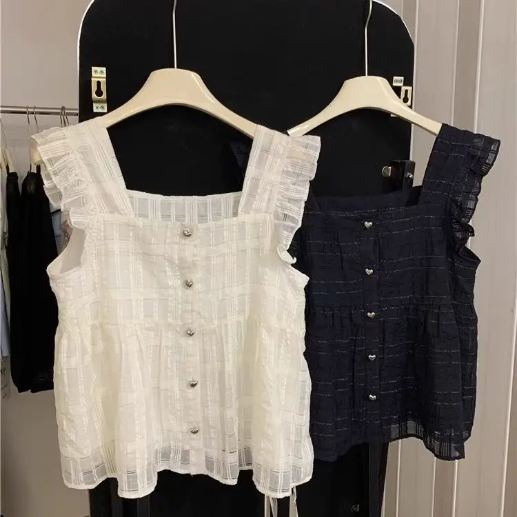 

Ele Square Collar Svel irt Women's Summer Unique Design Sensation Fce Upper Apparel Anti Aging Sli Top