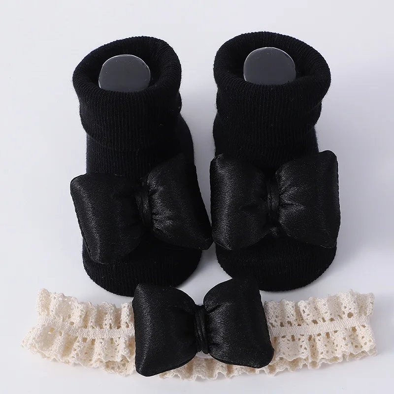 Fashion Baby Girls Headband + Socks Set Cotton Toddler Socks with Headband Non-skid Solid Princess Sock Hair Accessories 0-12M