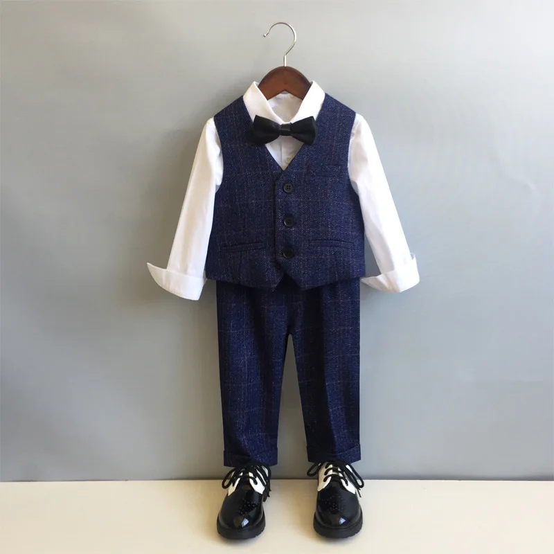 Conjunto Clásico de primavera para niños pequeños, ropa de Festival para recién nacidos, camisa para niños, abrigo a cuadros, pantalón, chaleco,