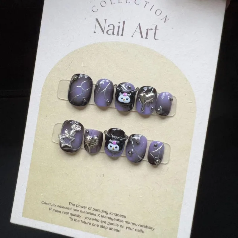 Full Cover False Nails Press on Nails Fake Nails Diy Pure Handmade Removable Diamond Short Purple Dark Cartoon Elf