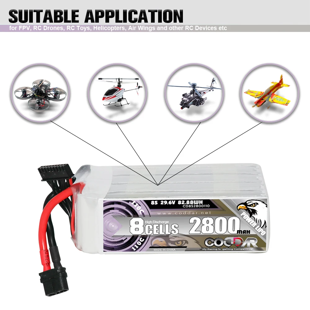 CODDAR 2800mAh 8S 29.6V Lipo Battery 110C FPV Drone Power For Frame RC Helicopter Plane Accessories 29.6V Rechargeable Battery