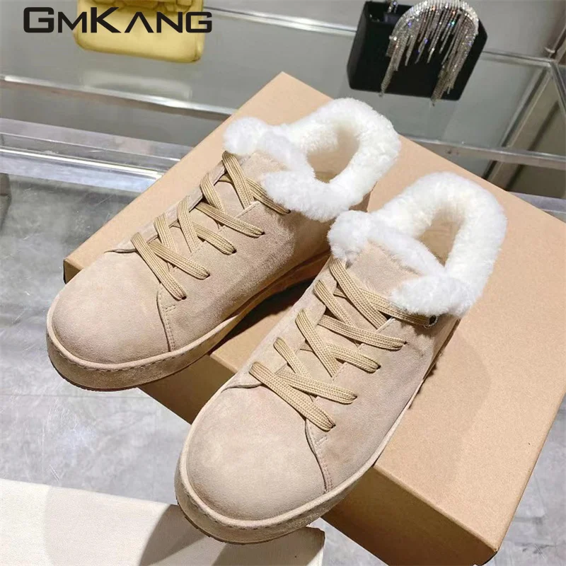 Winter Wool Shoes Women Flat Snow Boots Round Toe Lace Up Casual Shoes Woman Fashion Comfort Sneakers Women Short Boots Woman