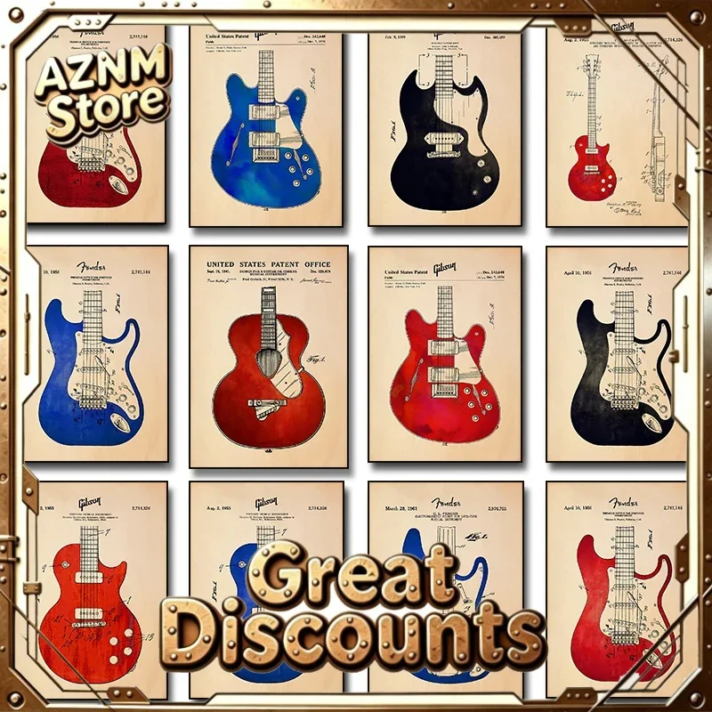 (2D canvas painting)  Electric Guitar Blueprint Fender Stratocaster Music Poster Print Wall Art Pictures Canvas Painting Room