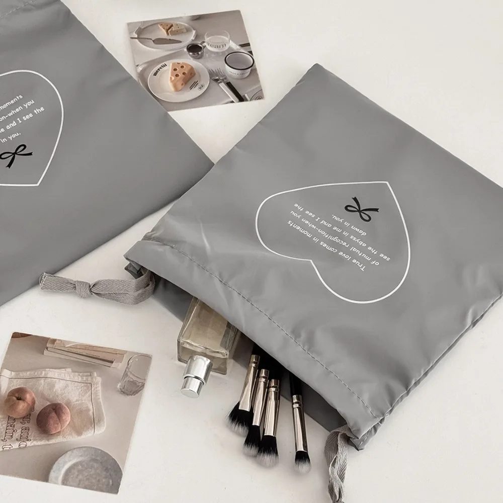 Silver Heart Drawstring Bag Waterproof Nylon Cosmetic Storage Pouch Travel Underwear Clothes Sorting Makeup Bag Case
