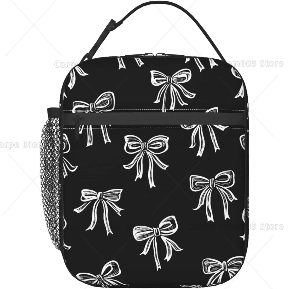 Black White Bows Lunch Bag Lunch Box For Office Picnic Hiking Beach Lunch Tote Reusable Insulated Cooler