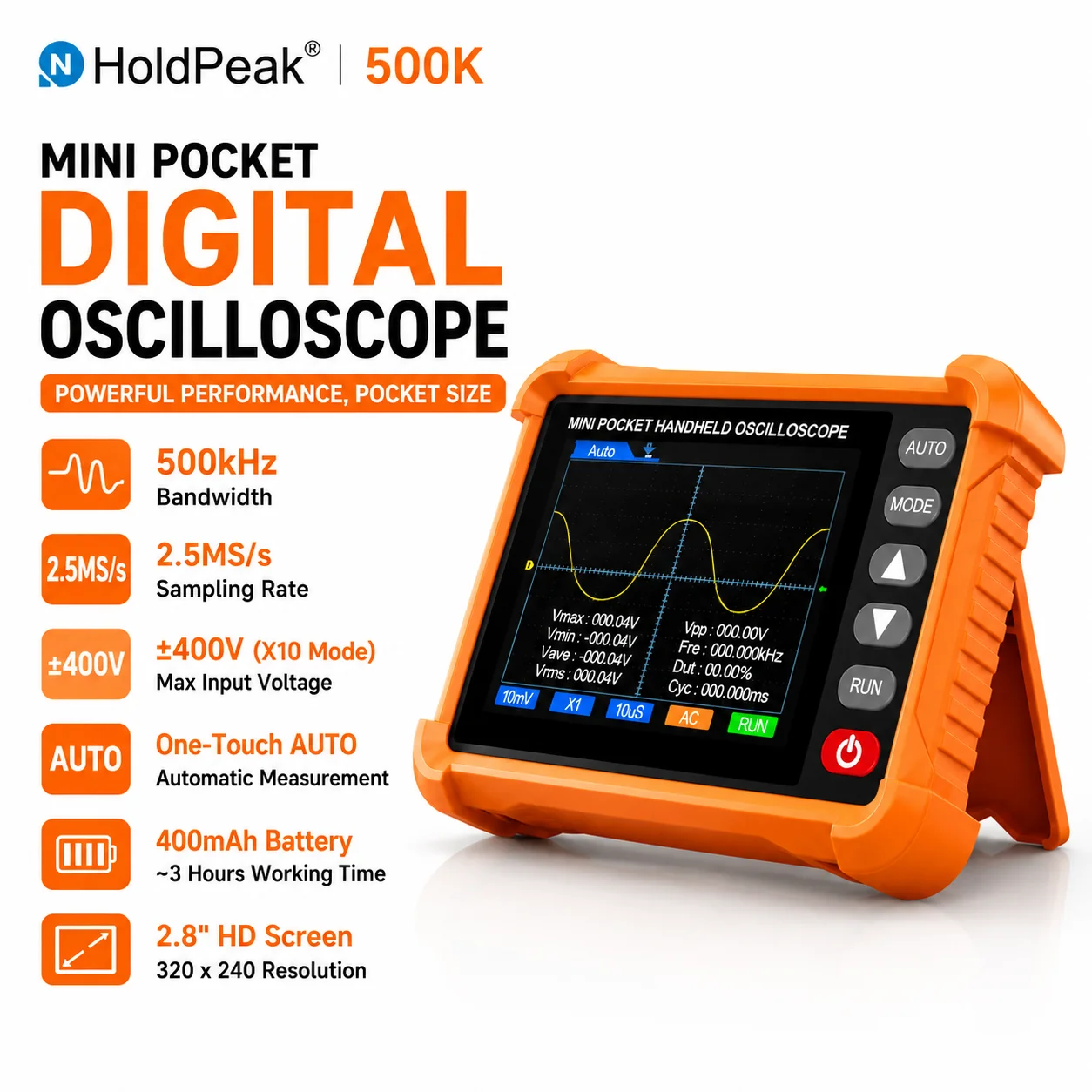 Handheld Oscilloscope 500kHz 2.5MS/s 500K ±400V 2.8'' LCD Type-C Auto Measurement AC/DC Coupling Pocket Mini for Electronic Repa