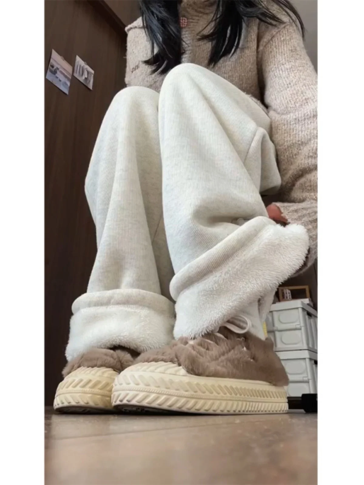 

Lamb Velvet Thiened Fce Lined Straight Leg Casual Pants Men Women Autumn Winter Sle Lazy Feel Drapey Casual Trousers W...