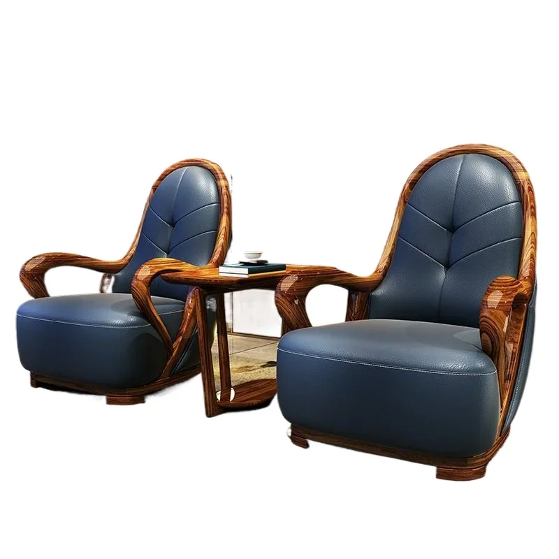 Villa living room modern new Chinese leisure chair ebony solid wood thick leather single chair, single sofa chair