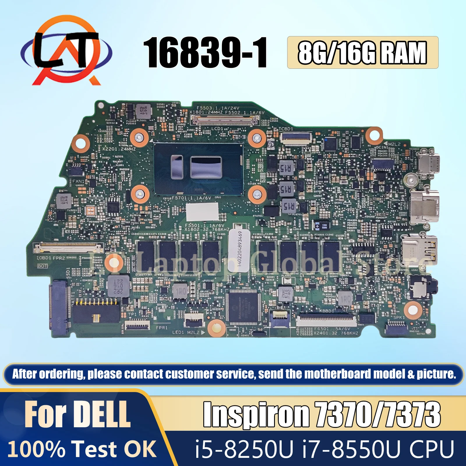 

16839-1 For Dell Inspiron 7370 7373 Y5HR3 CN-085H0R 00NVF7 0VTHG7 Laptop Motherboard With i5-8250U i7-8550U CPU 8G/16G-RAM